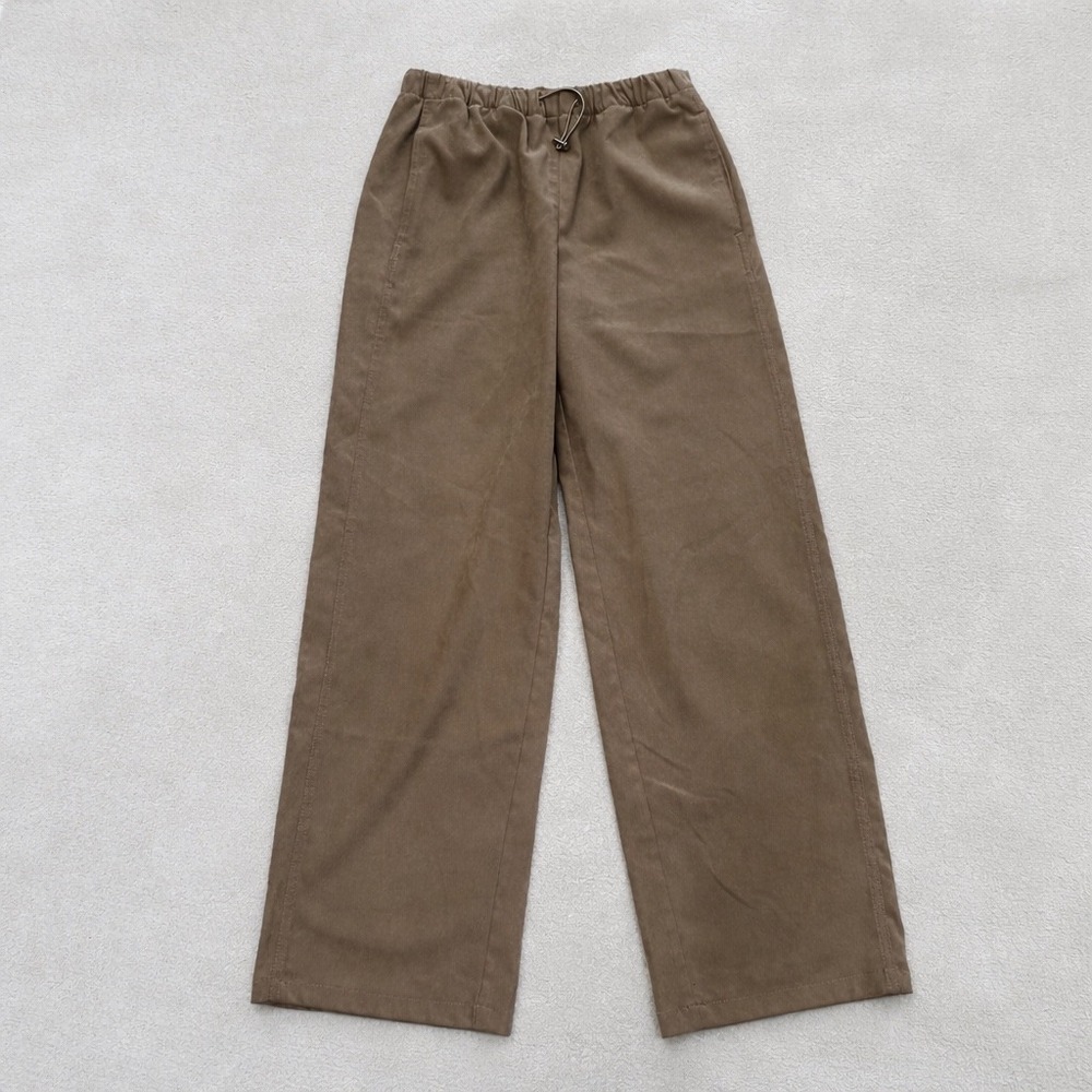 Zara Women Taupe Corduroy Wide‎ Leg Elastic Waist Drawstring Pants Size Small S